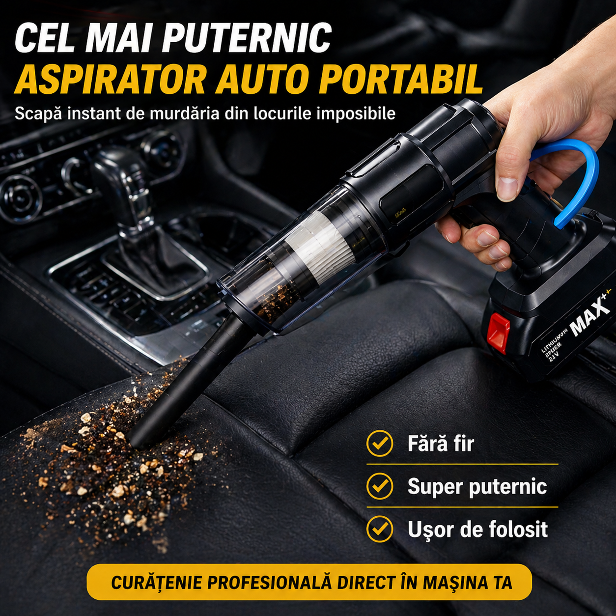 Aspirator si Suflanta Portabil 5in1 cu 2 Acumulatori Putere 150W