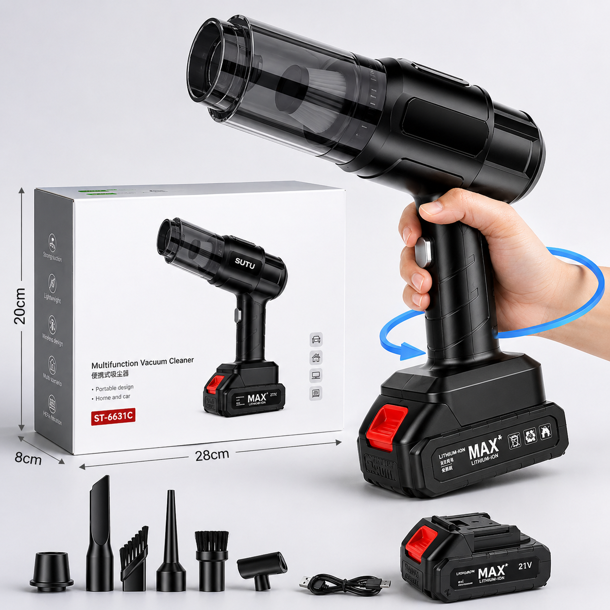 Aspirator si Suflanta Portabil 5in1 cu 2 Acumulatori Putere 150W